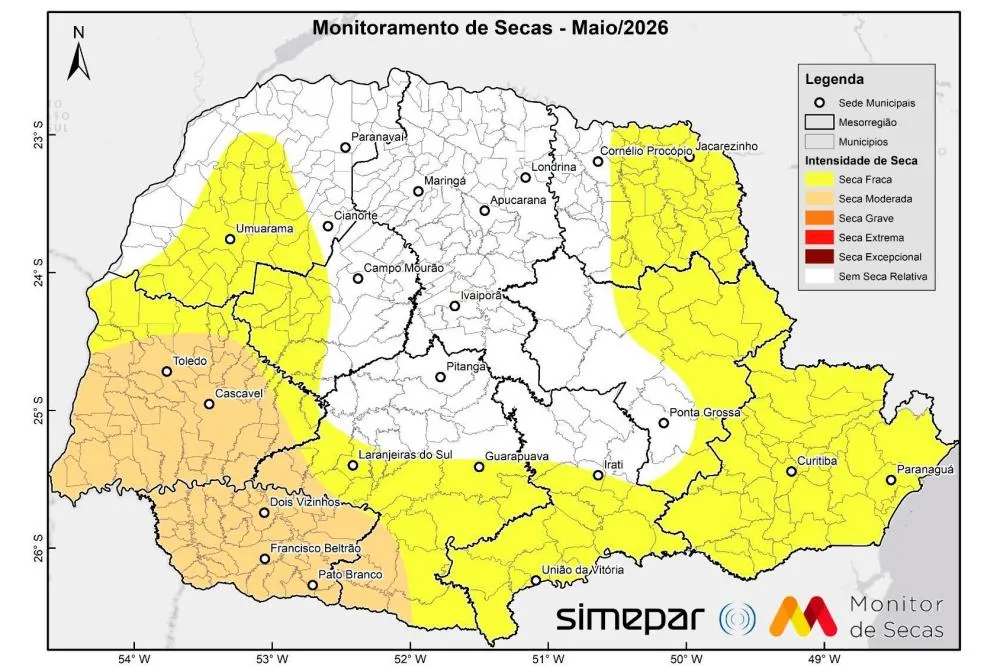 Com chuvas acima da média, região Noroeste e Norte do Paraná ficam livres de seca relativa